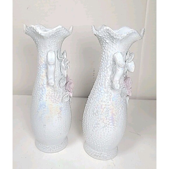 Vintage Set Of 2 Opalescent Porcelain White Lusterware Vase 8" Tall 3D Flowers - Picture 6 of 9